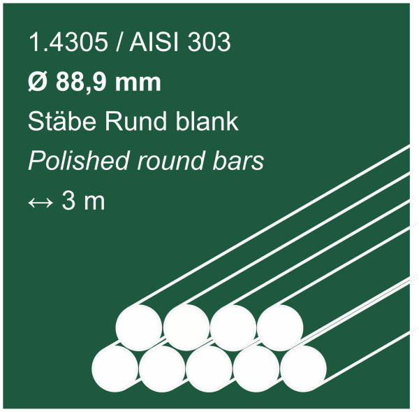 Edelstahlstäbe aus 1.4305 (303), 88,90 mm Durchmesser, 3000 mm lang, auf sandfarbigem Hintergrund abgebildet